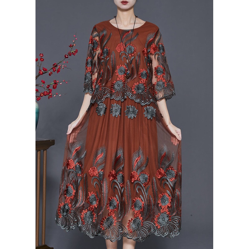 Brown Hollow Out Tulle Party Dress Embroidered Summer