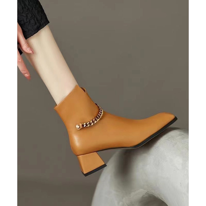Caramel Boots Classy Splicing Chain Linked Chunky Cowhide Leather
