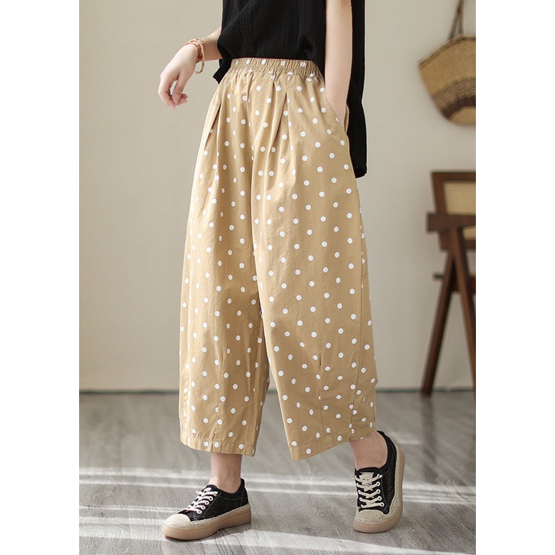 Casual Khaki Dot Pockets Elastic Waist Cotton Crop Pants Fall