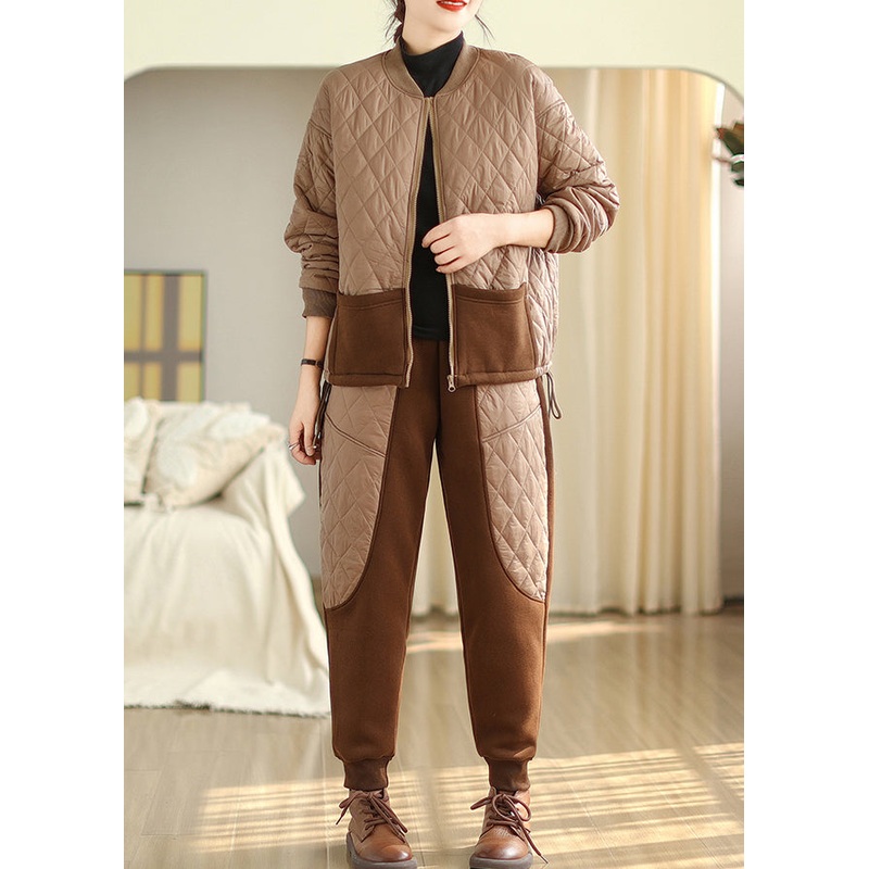 Casual Light Brown Fine Cotton Filled Sport Two Piece Set Winter