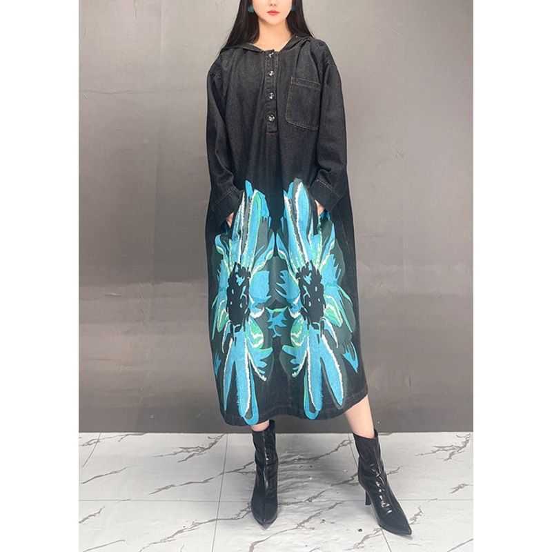 Casual Loose Black Hooded Print Denim Long Dress Fall