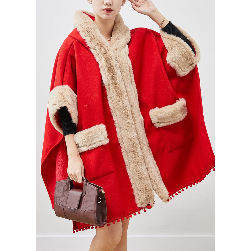 Casual Red Oversized Patchwork Fuzzy Ball Decorated Woolen Coats Winter