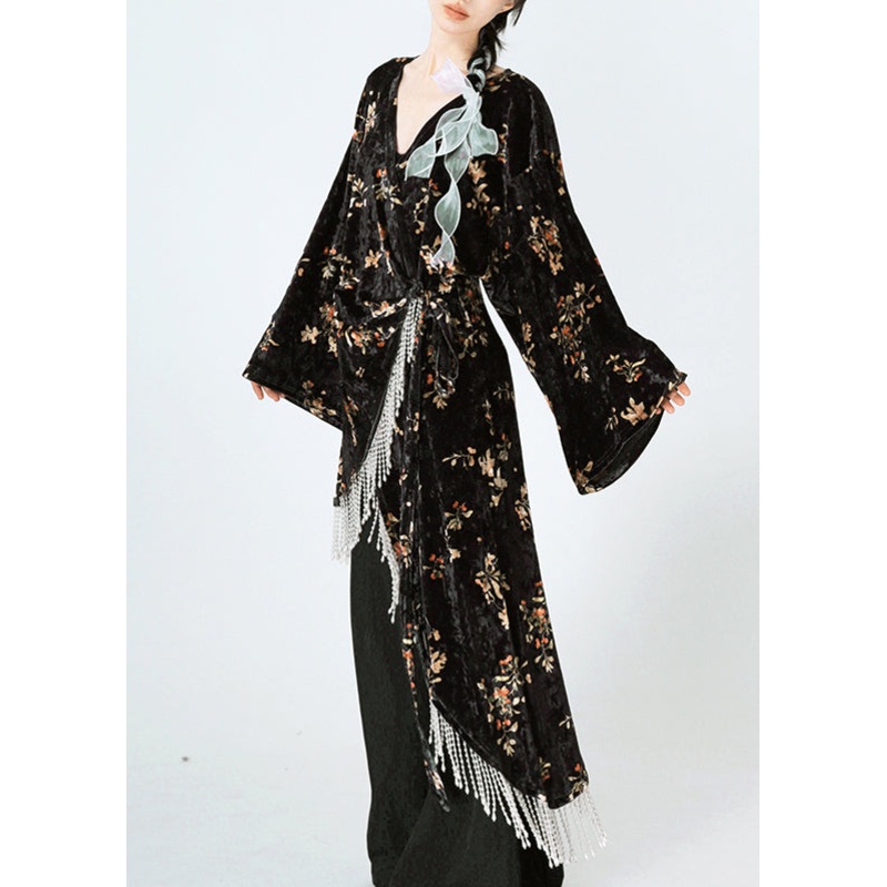 Chic Black Asymmetrical Print Lace Up Velour Silk Dress Spring