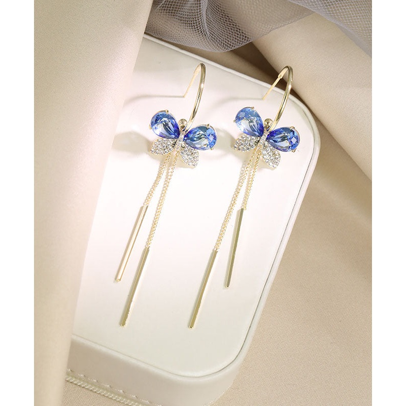 Chic Blue Alloy Zircon Butterfly Tassel Drop Earrings