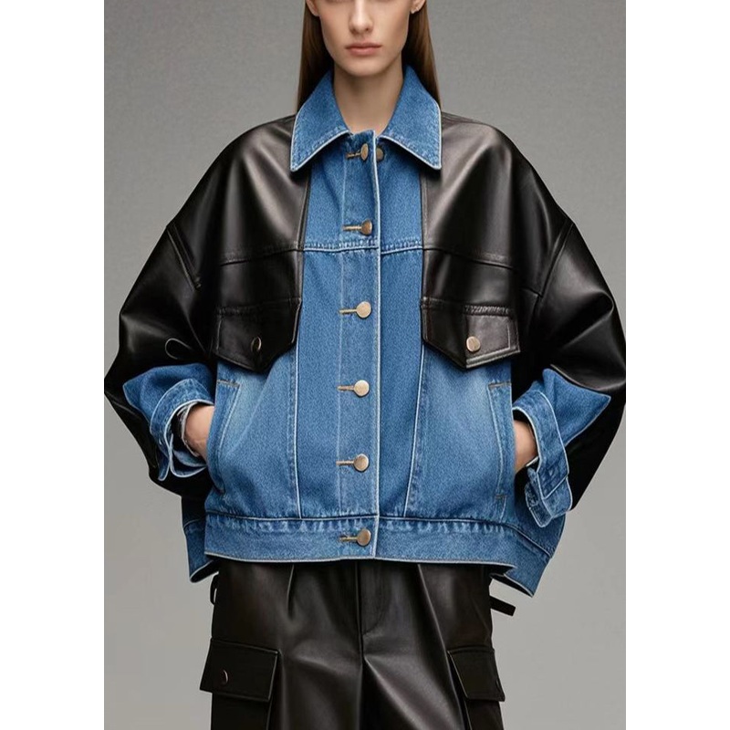 Chic Denim Blue Oversized Patchwork Faux Leather Jackets Fall