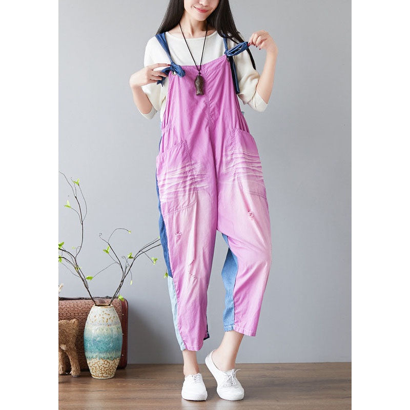 Chic Purple Oversized Patchwork Applique Cotton Overalls Jumpsuit Spring