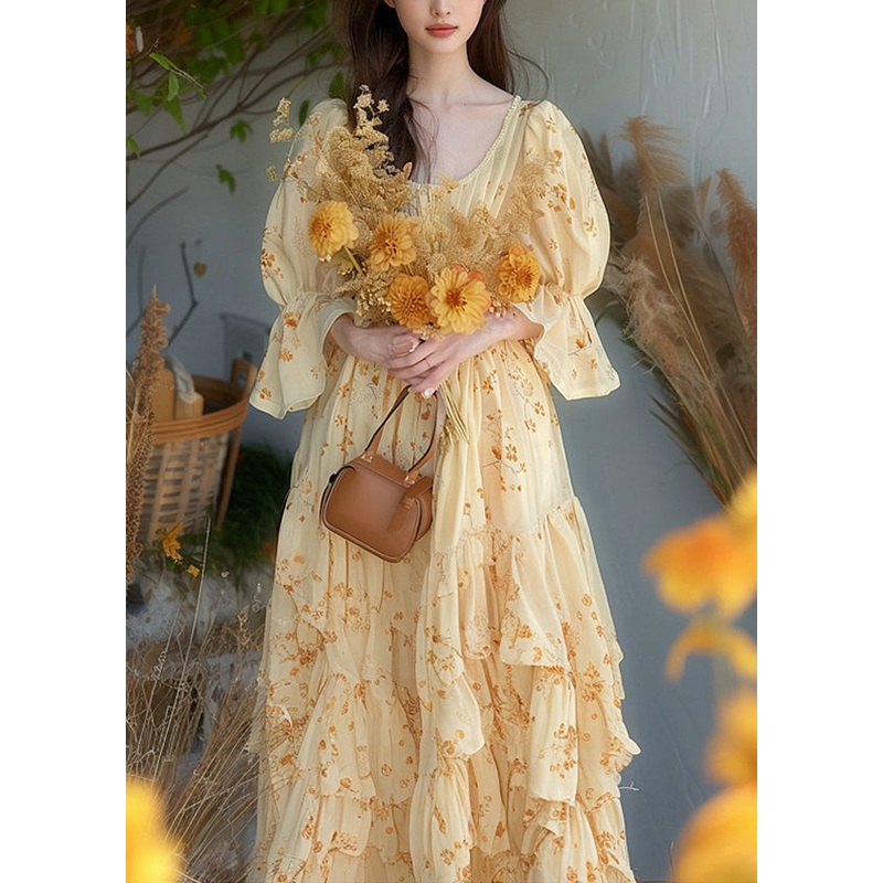 Chic Yellow Ruffled Print Chiffon Dress Flare Sleeve
