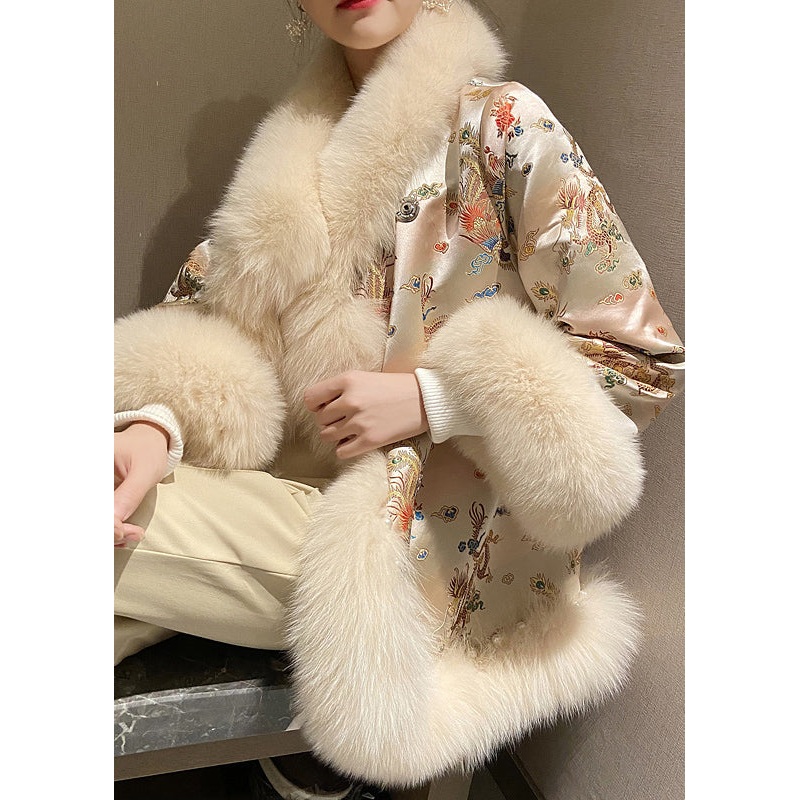 Chinese Style Beige Fox Collar Print Nail Bead Leather And Fur Coats Winter