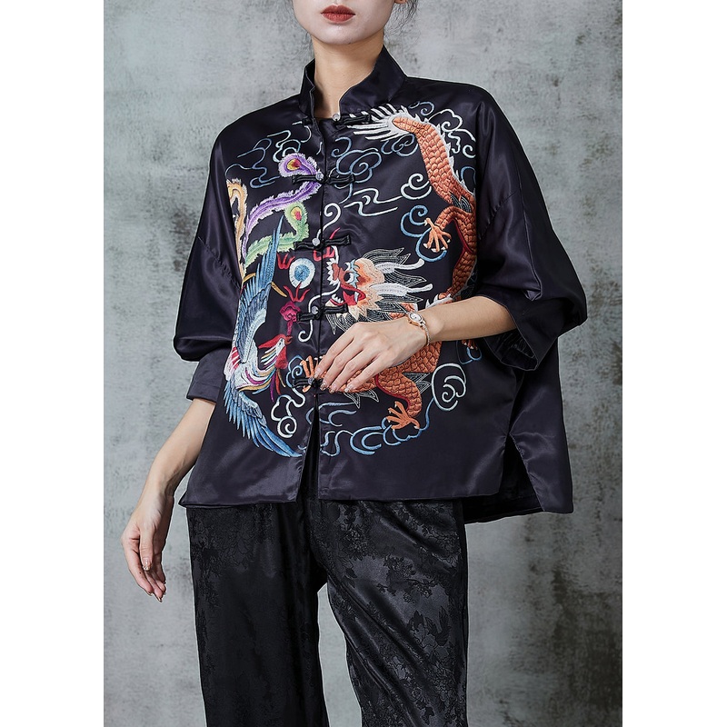 Chinese Style Black Dragon Embroidered Silk Blouse Top Spring