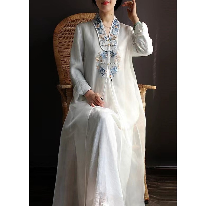 Chinese Style White Embroideried Tasseled Tulle Long Dress Spring