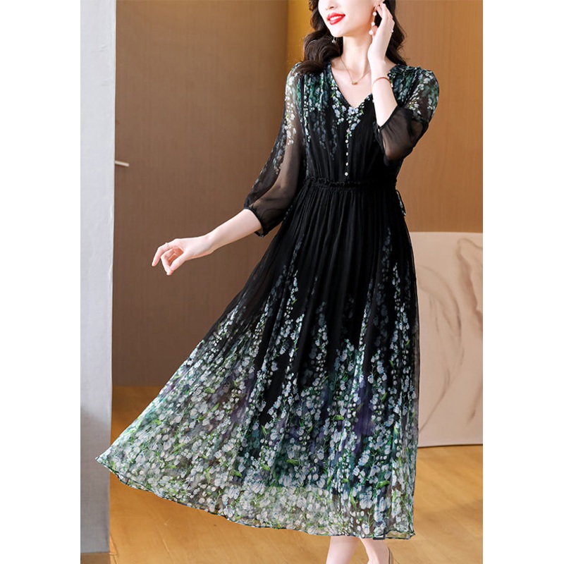 Classy Black V Neck Print Drawstring Wrinkled Silk Long Dress Summer