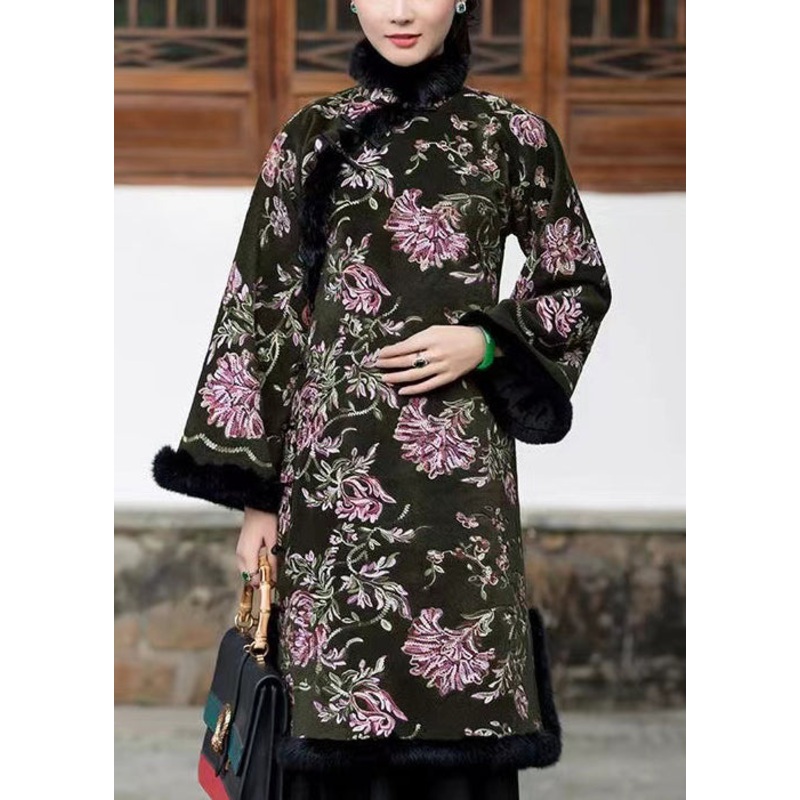 Classy Blackish Green Fur Collar Embroideried Warm Fleece Dress Winter