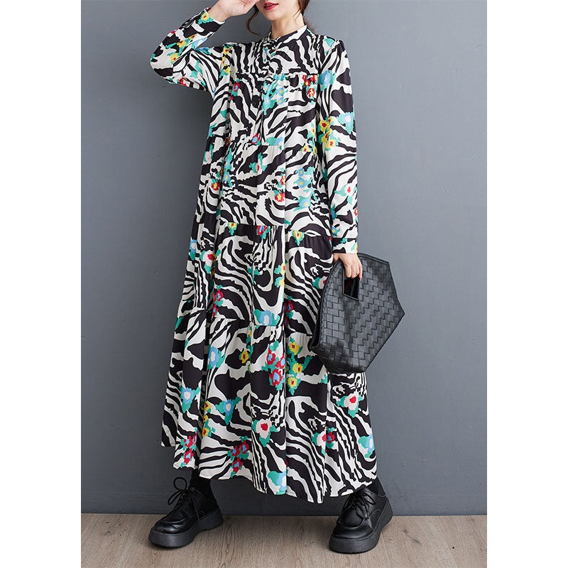Classy Stand Collar Print Patchwork Wrinkled Maxi Dress Fall