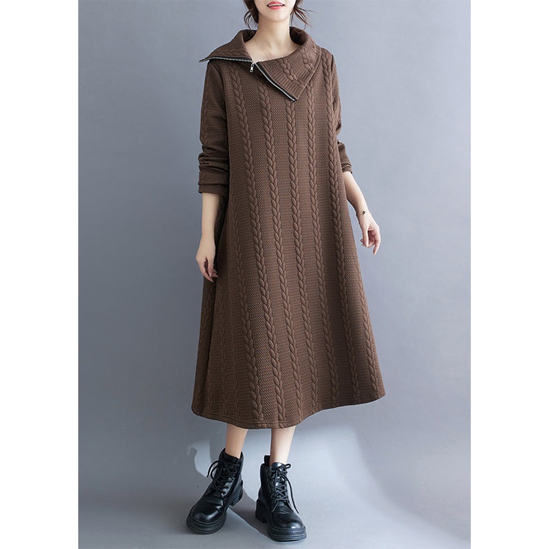Coffee Fashion Cotton Long Dresses Asymmetrical Hign Neck Fall
