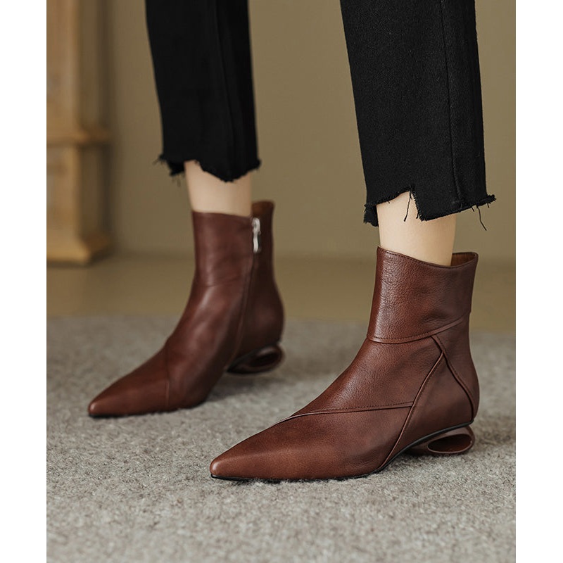 Comfortable Splicing Ankle Boots Brown Cowhide Leather Pointed Toe