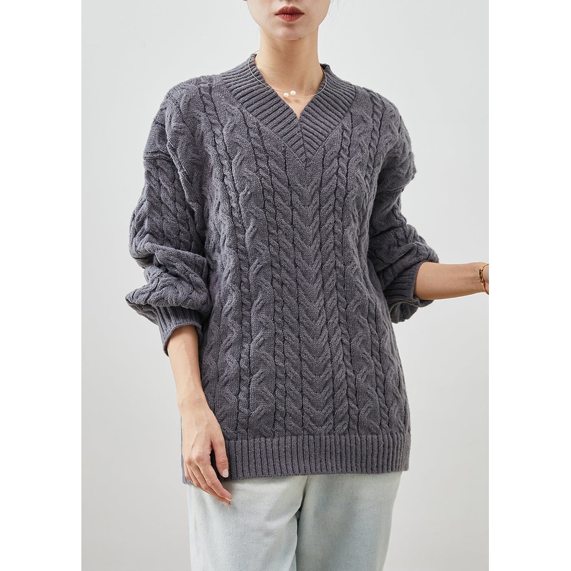 Cozy Grey V Neck Thick Cable Knit Sweater Tops Winter