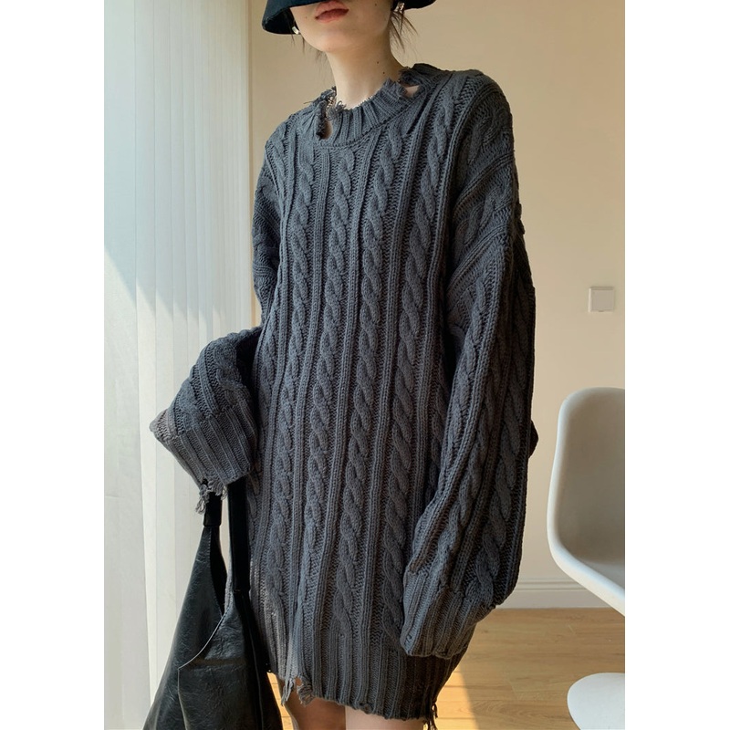 Dark Grey Cozy Knit Sweater Hole Winter