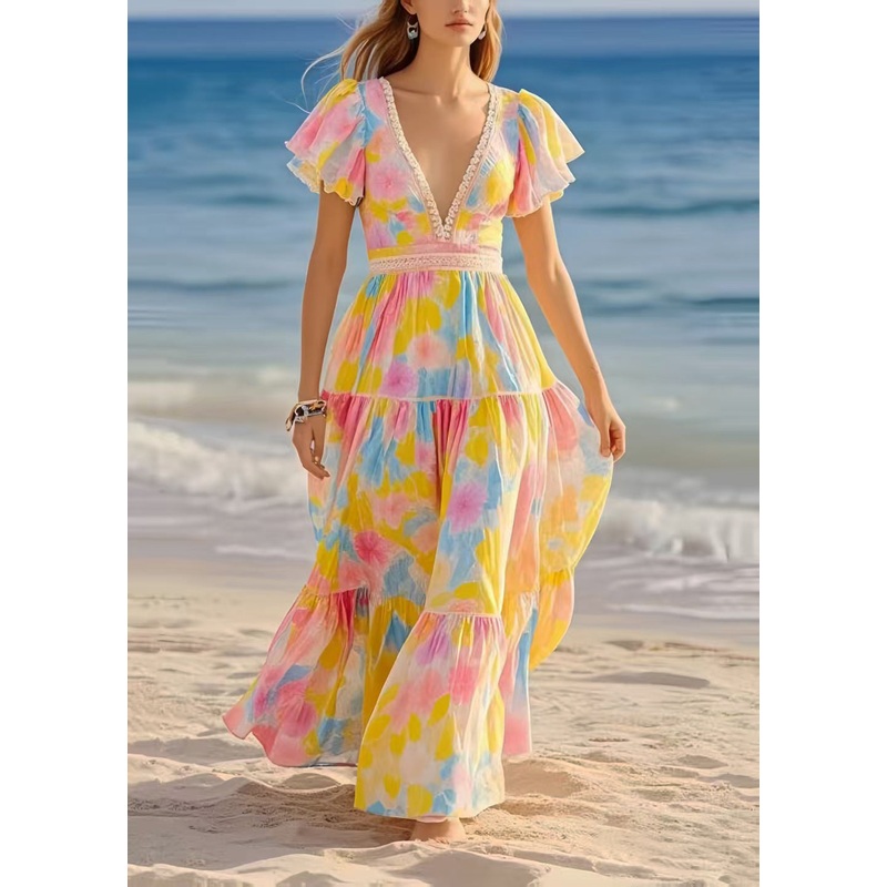 DIY Rainbow Puff Sleeve Print Chiffon Beach Dress Summer