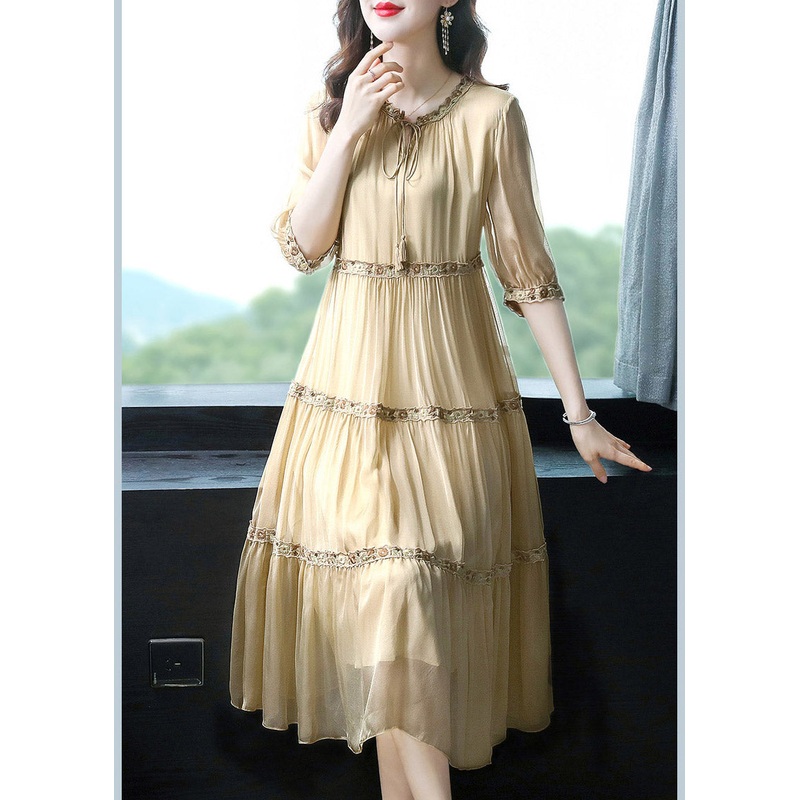 DIY Yellow Ruffled Patchwork Silk Maxi Dresses Summer