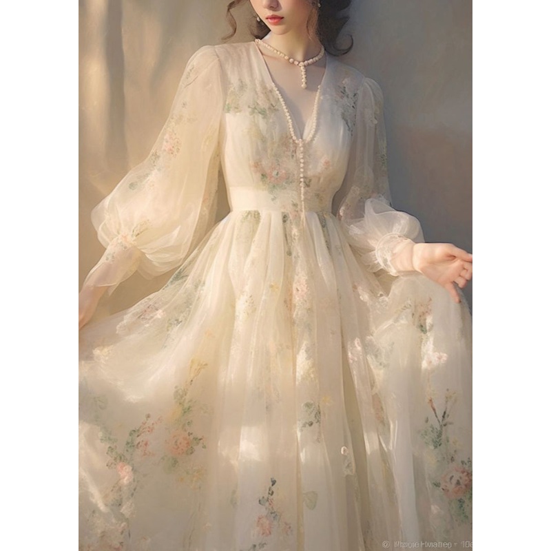 Elegant Beige V Neck High Waist Tulle Maxi Dresses Long Sleeve