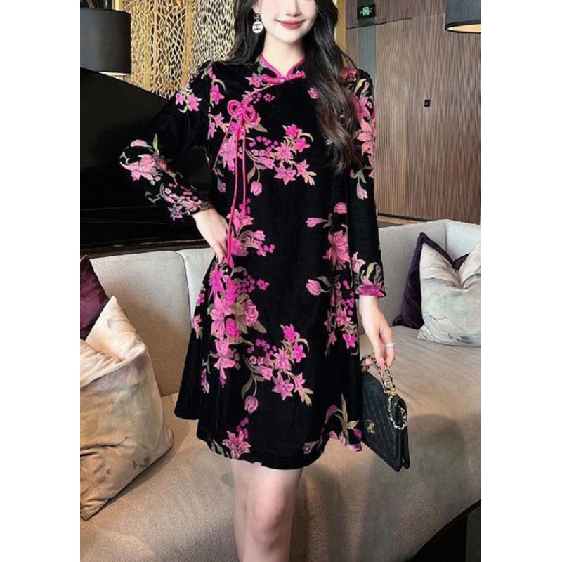 Elegant Black Chinese Button Print Silk Velour Mid Dress Long Sleeve