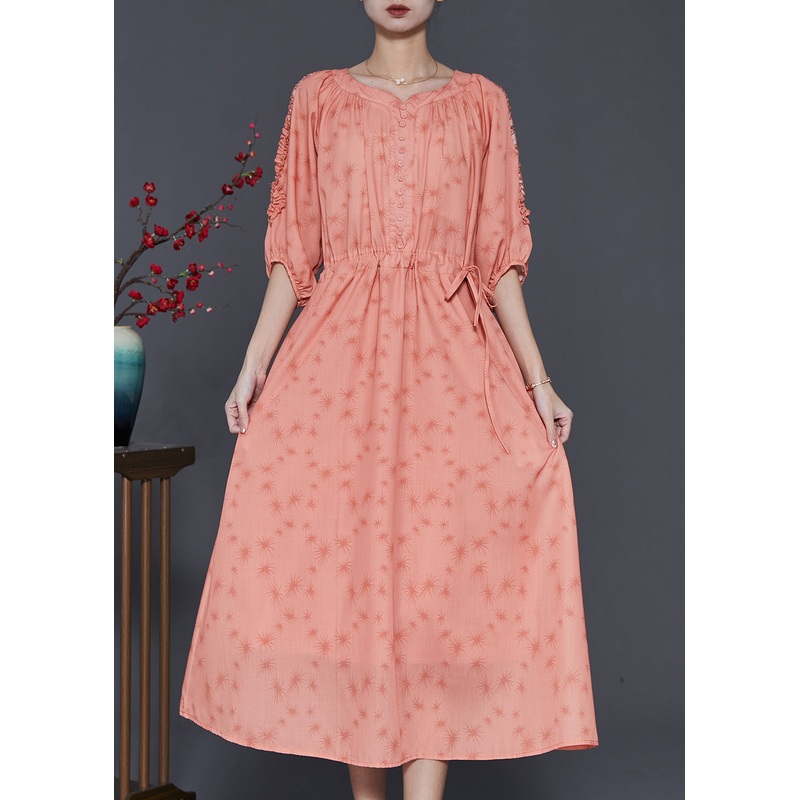 Elegant Orange Ruffled Print Linen Cinched Dress Summer