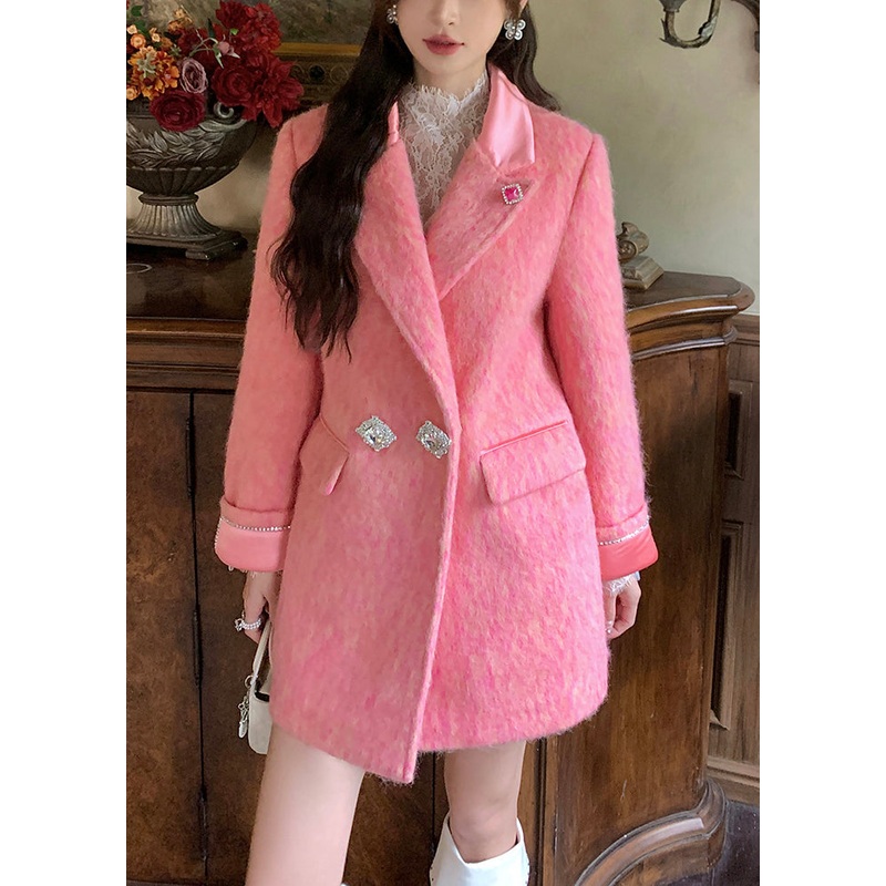 Elegant Pink Peter Pan Collar Zircon Woolen Coats Winter