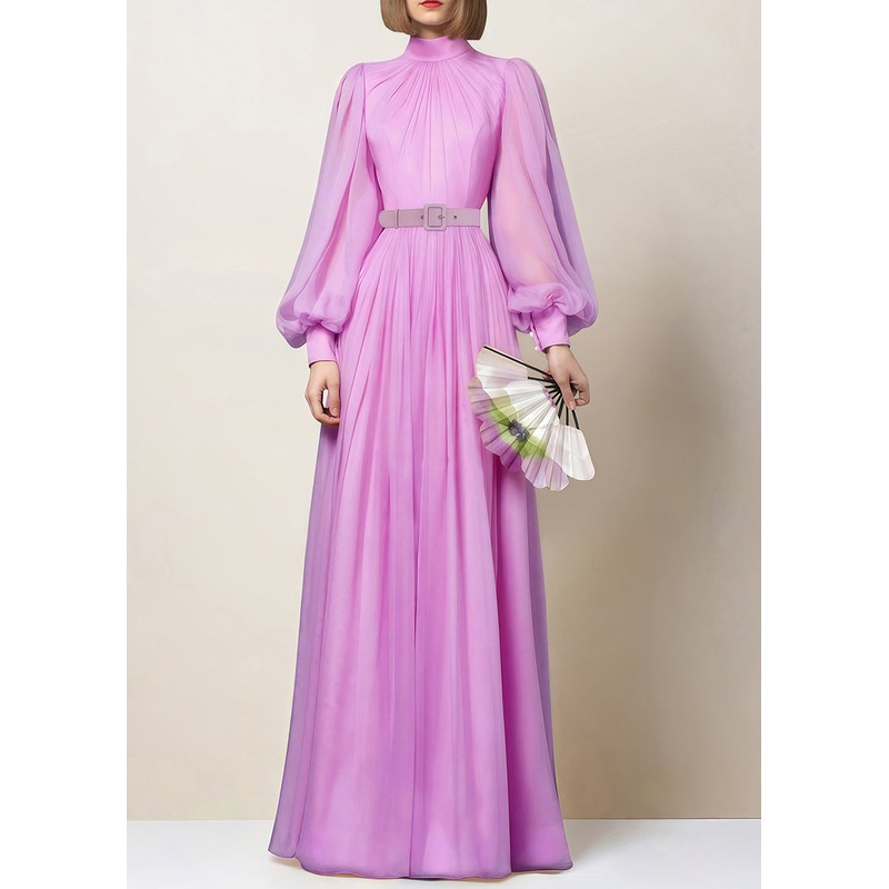 Elegant Purple Wrinkled Solid Chiffon Dress Lantern Sleeve