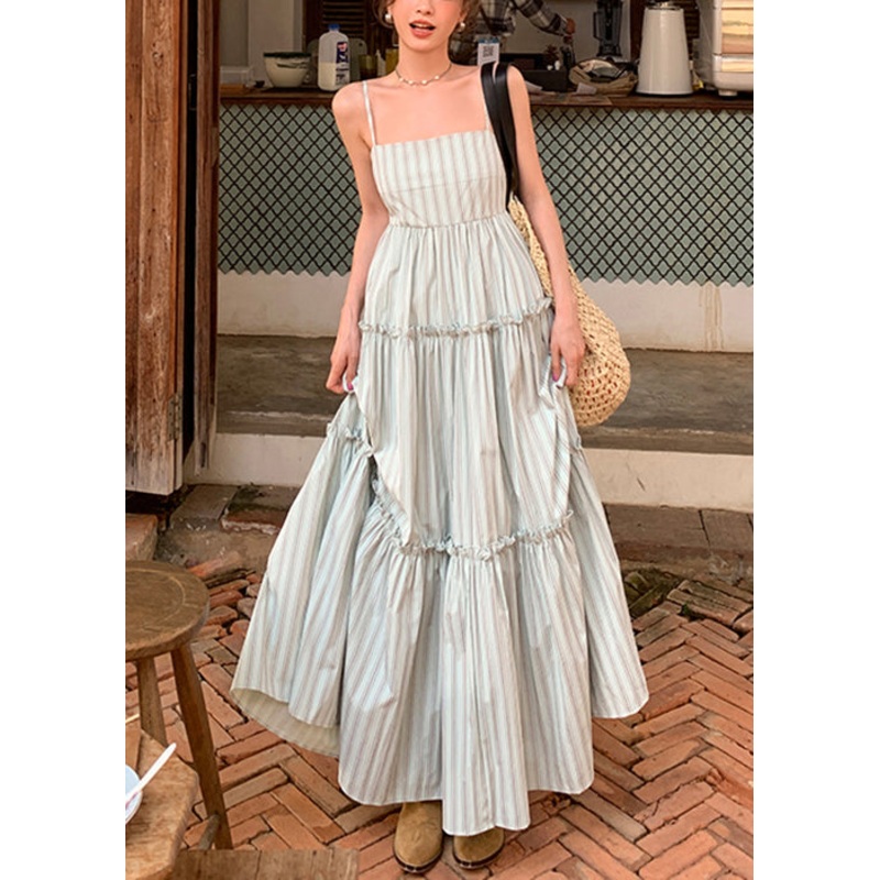 Elegant Striped Ruffled High Waist Cotton Spaghetti Strap Dress Sleeveless