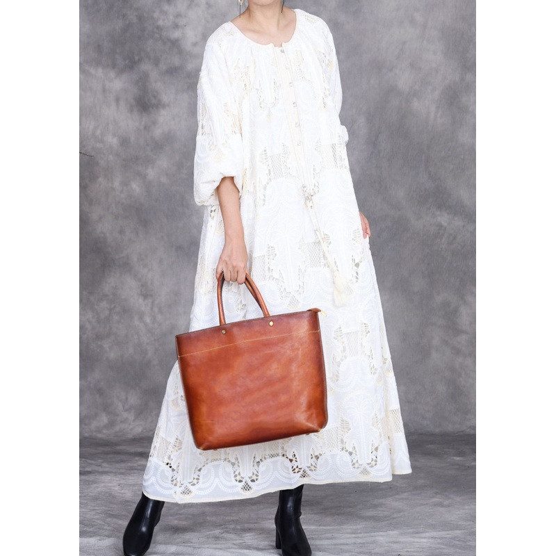 Elegant White Embroidered Hollow Out Long Dress Half Sleeve