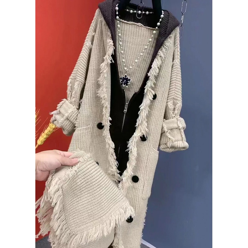 Fashion Beige Tasseled Patchwork Knit Hooded Coat Fall