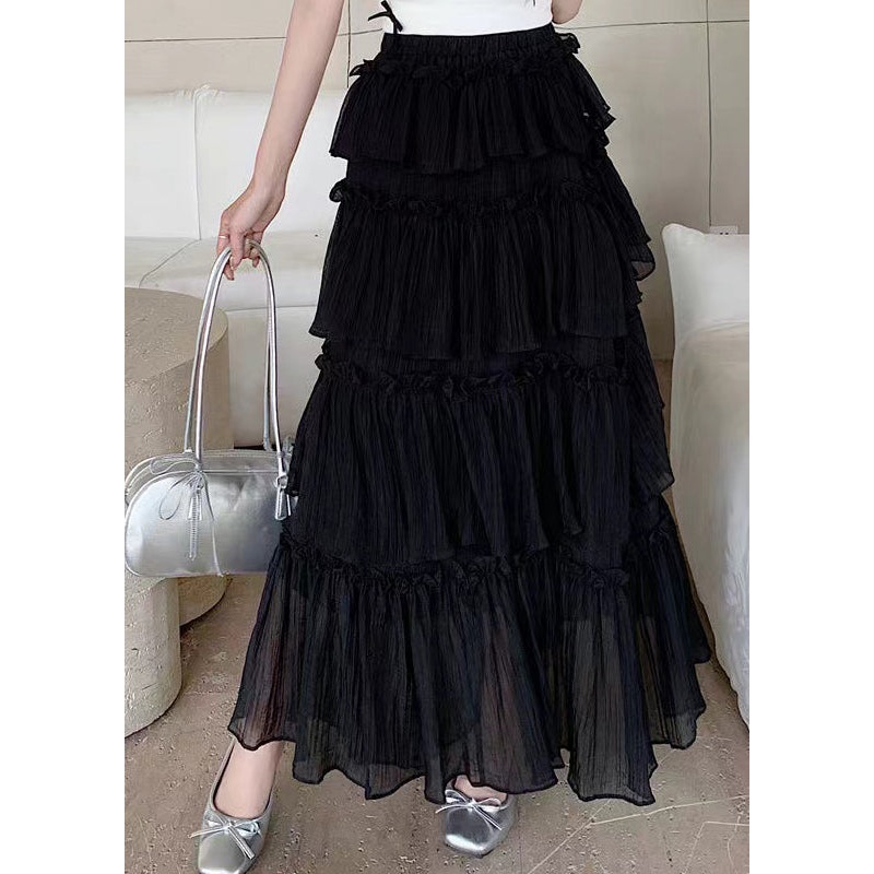 Fashion Black Ruffled Patchwork Elastic Waist Cotton Skirt Summer