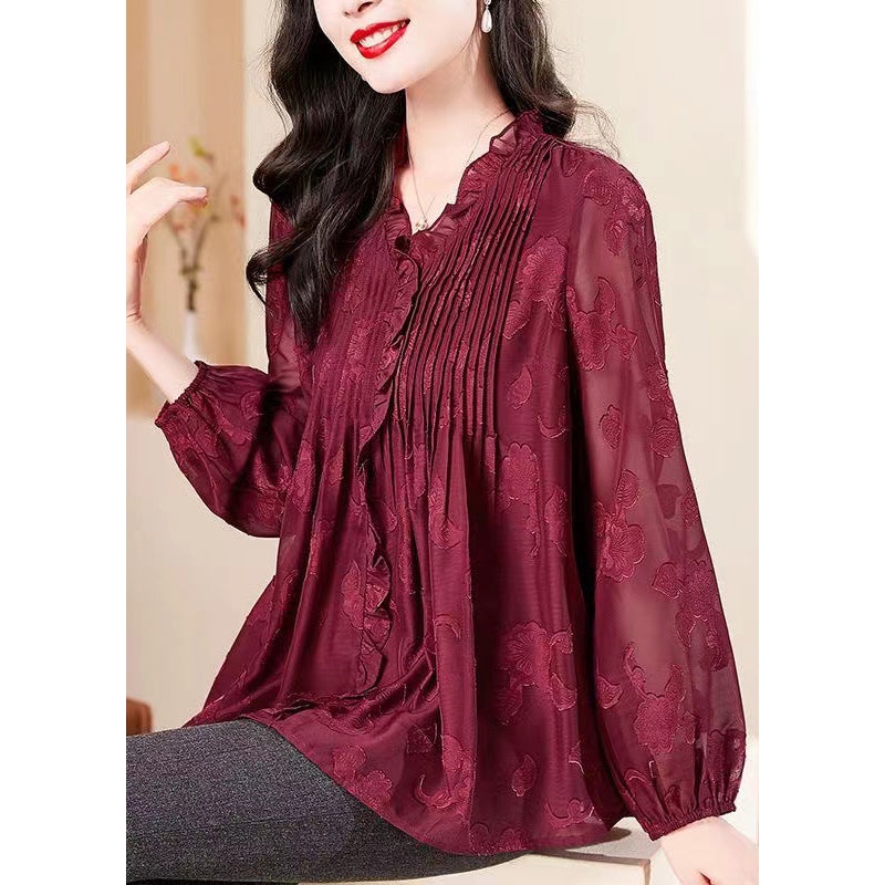 Fashion Red V Neck Ruffled Chiffon Shirt Long Sleeve