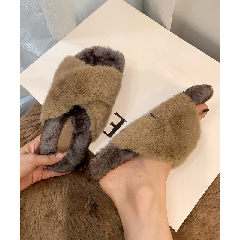 Fashion Splicing Platform Slippers Shoes Khaki Fuzzy Fur