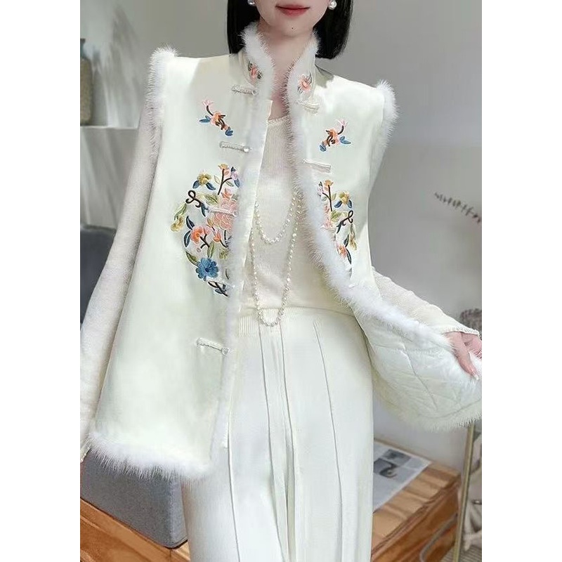 Fine Apricot Embroidered Button Patchwork Cotton Filled Waistcoat Sleeveless