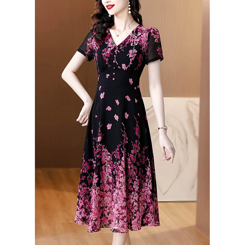 Fine Black V Neck Print Slim Fit Chiffon Dresses Summer