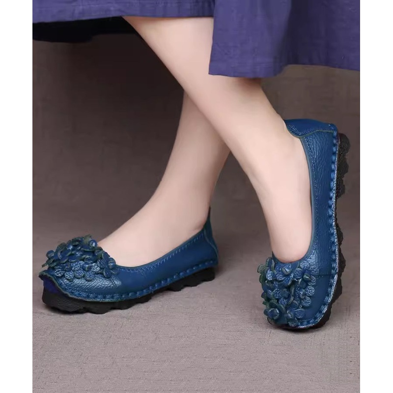 Fine Blue Flower Splicing Cowhide Leather Flat Shoes