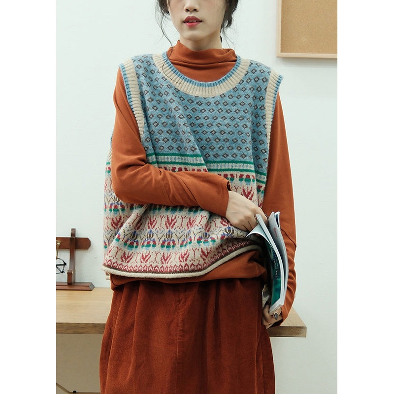 Fine Blue Oversized Print Knit Vests Fall