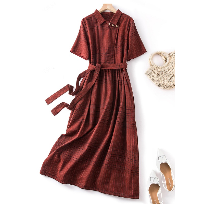 Fine Red Peter Pan Collar Plaid Tie Waist Linen Dresses Summer