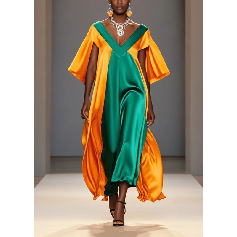 Fitted Yellow V Neck Patchwork Silk Dresses Cloak Sleeves