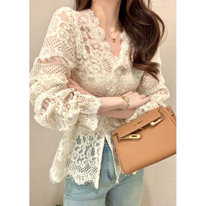 French Beige Ruffled Button Hollow Out Lace Tops Spring