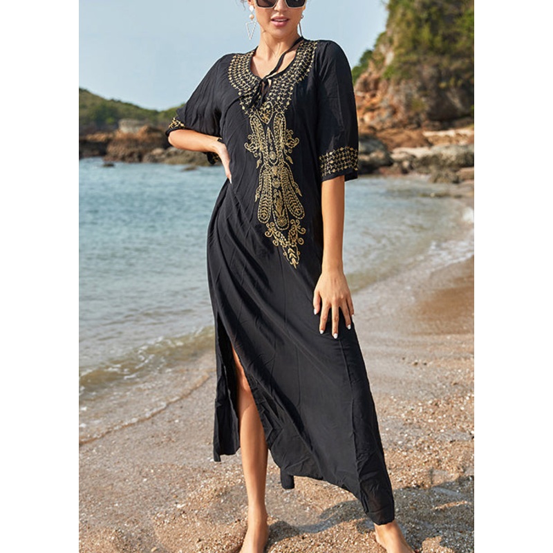French Black Lace Up Side Open Cotton Long Dresses Summer