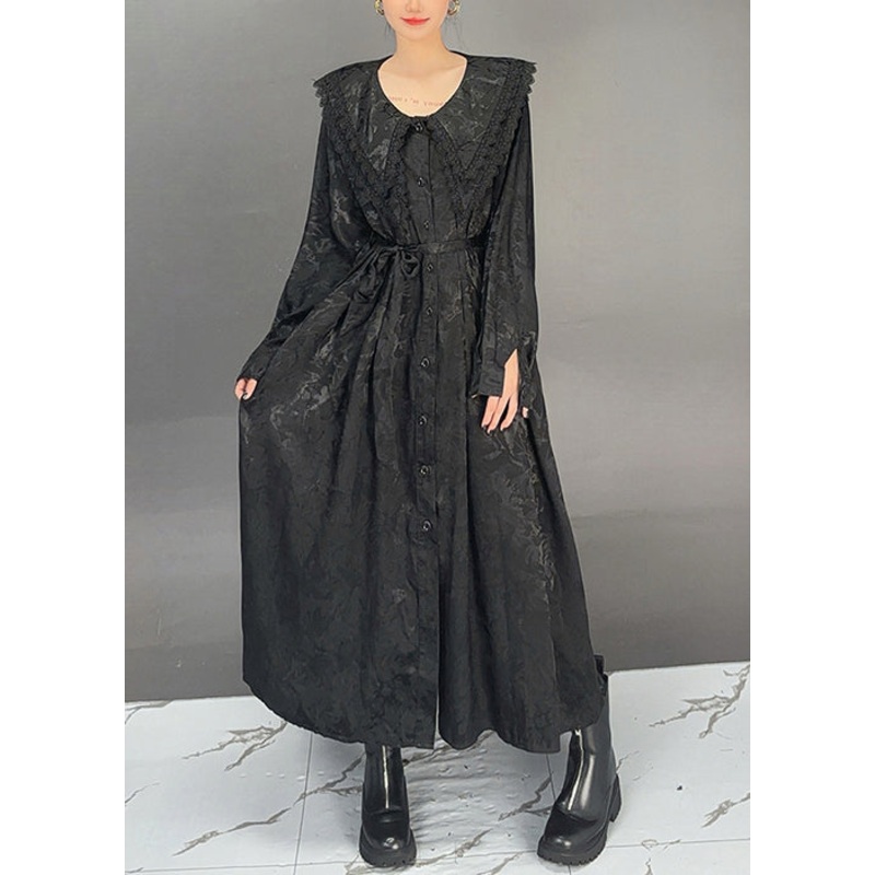 French Black Sailor Collar Button Print Cotton Dresses Fall