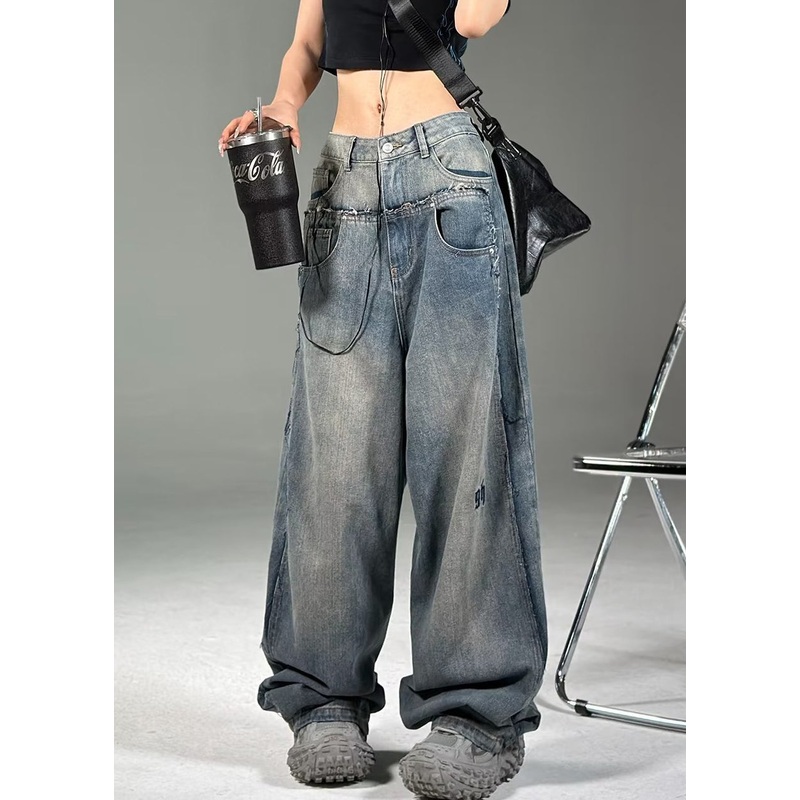 French Blue Pockets High Waist Neutral Denim Pants Summer