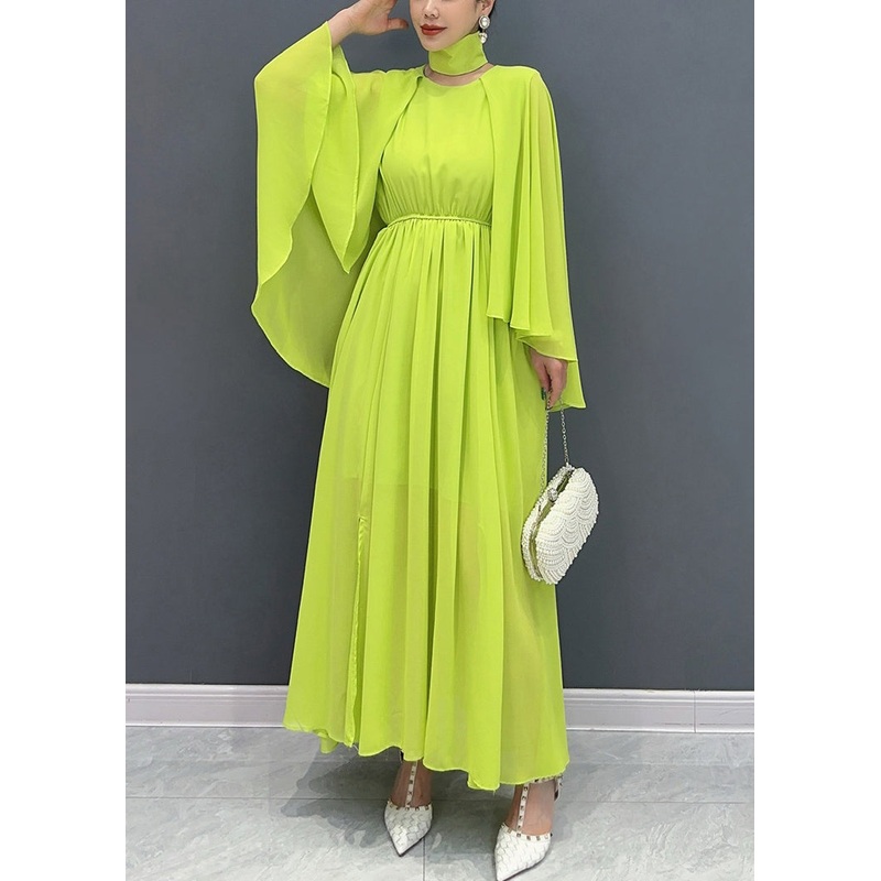 French Green Cape Patchwork Chiffon Long Dresses Flare Sleeve