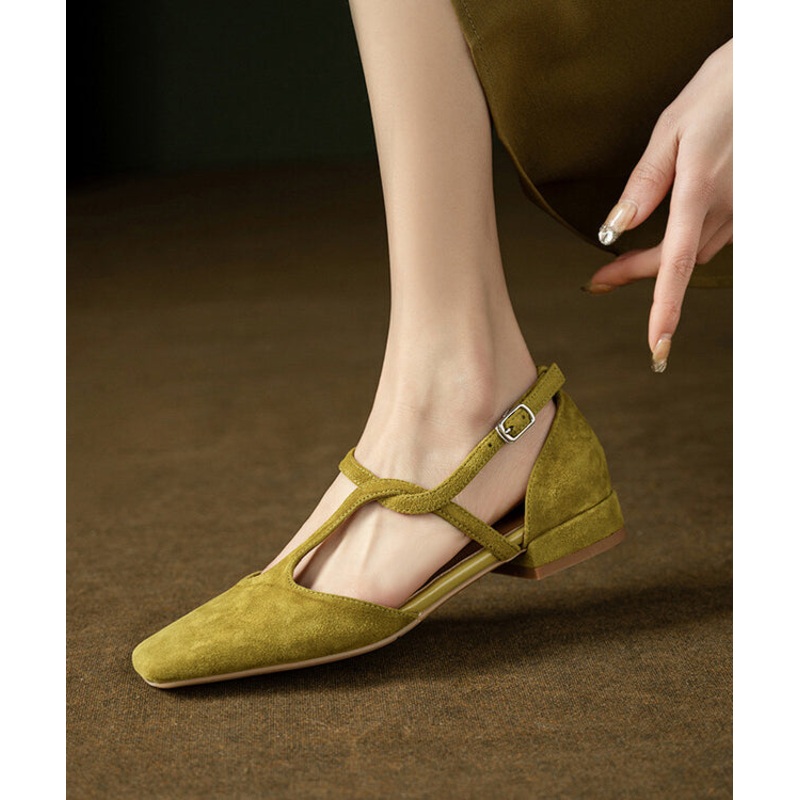 French Green Hollow Out Cross Strap Splicing Suede Sandals