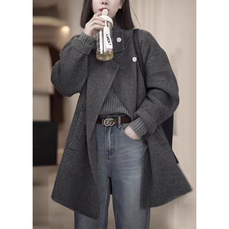 French Grey Stand Collar Button Pockets Woolen Coat Spring