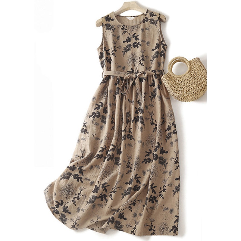 French Khaki O Neck Print Tie Waist Cotton Long Dresses Sleeveless