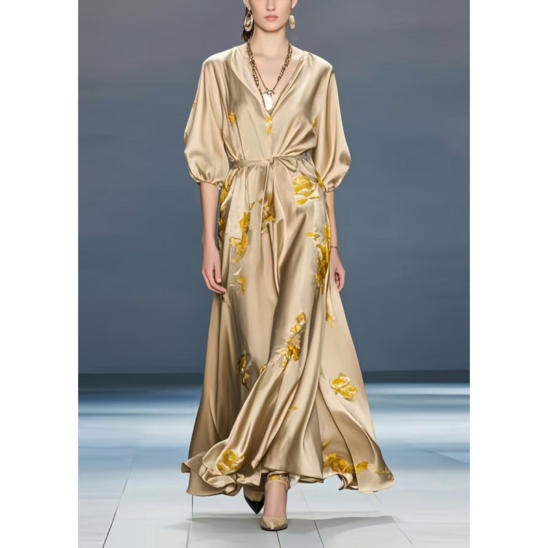 French Khaki Print Draping Silk Party Dress Summer