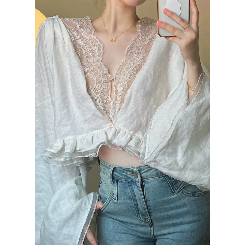 French Lace Patchwork Ruffle Edge Short Top Autumn